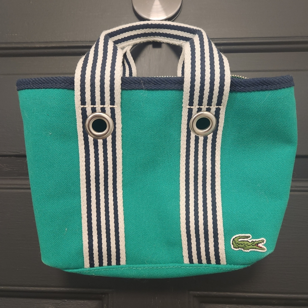 Lacoste Teal Canvas Mini Tote with Navy & White Striped Handles